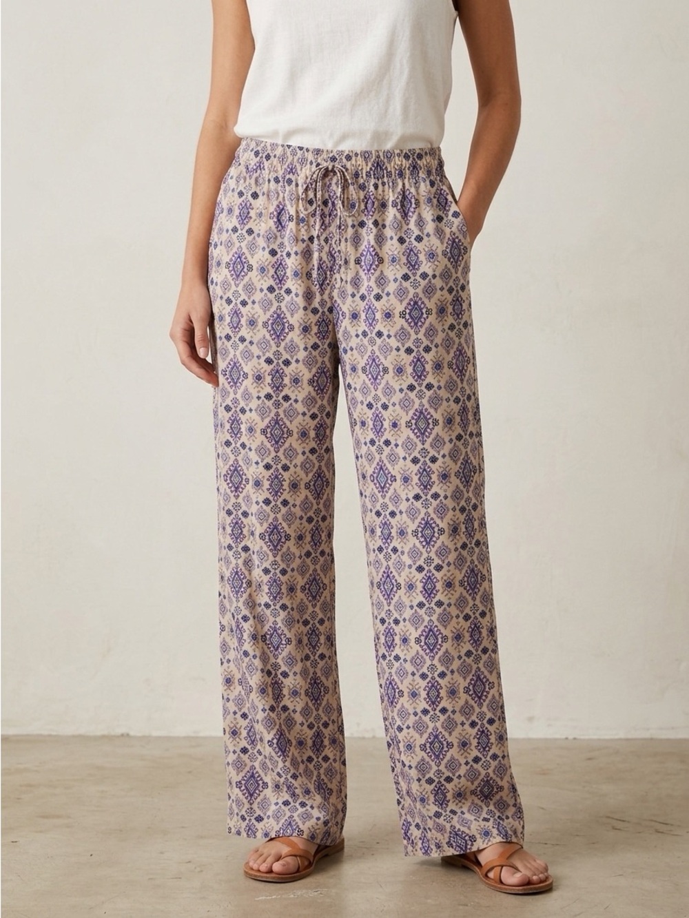 LA MIEL Boho Geometric Print Wide Leg Pants Large Large Drawstring Resort Casual